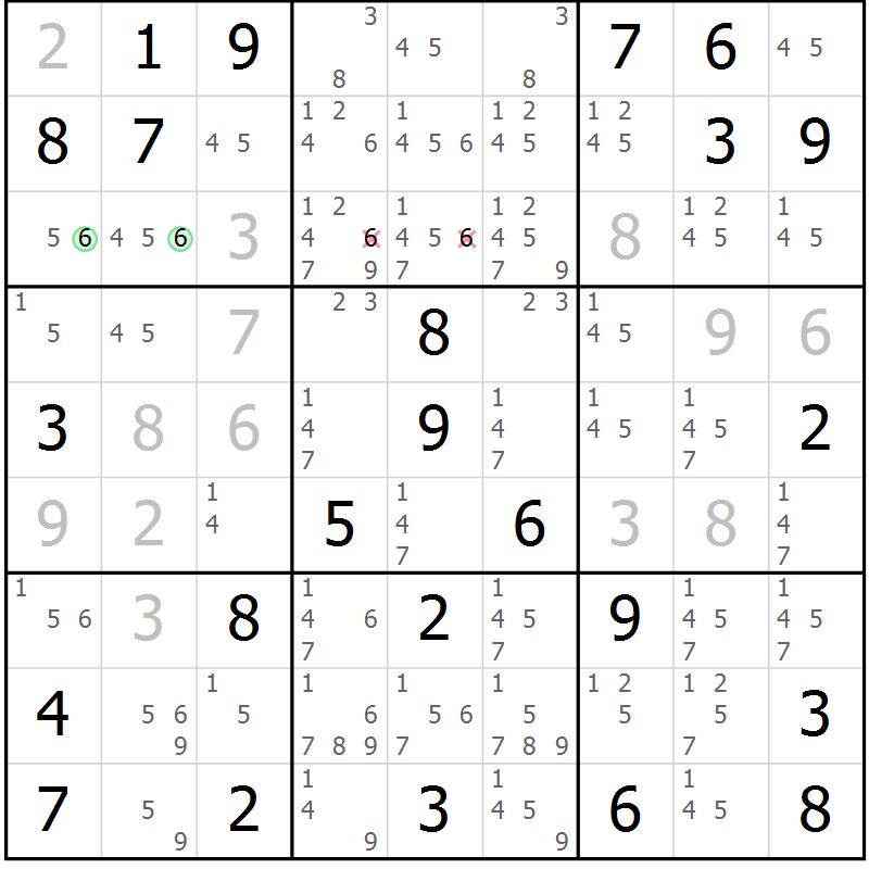 Position des candidats pour la solution de la Gr 74 page 77 du magazine de sudoku Virtuose n° 106