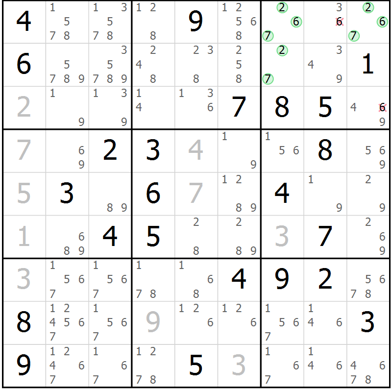 Position des candidats pour la solution de la Gr 75 page 78 du magazine de sudoku Virtuose n° 106