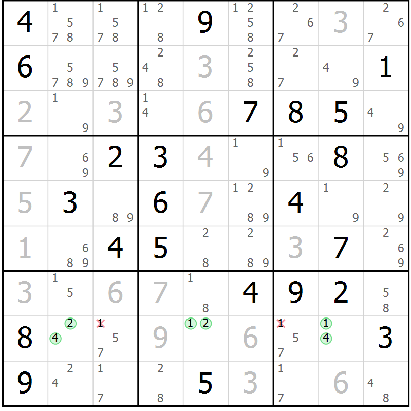Position des candidats pour la solution de la Gr 75 page 78 du magazine de sudoku Virtuose n° 106
