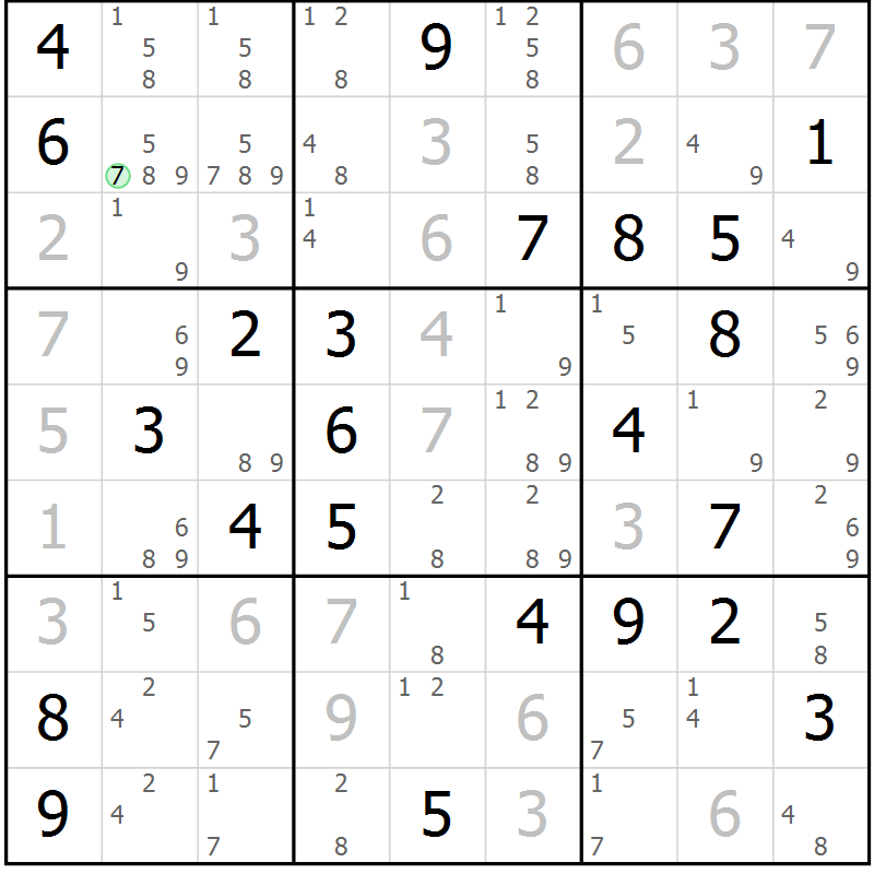 Position des candidats pour la solution de la Gr 75 page 78 du magazine de sudoku Virtuose n° 106