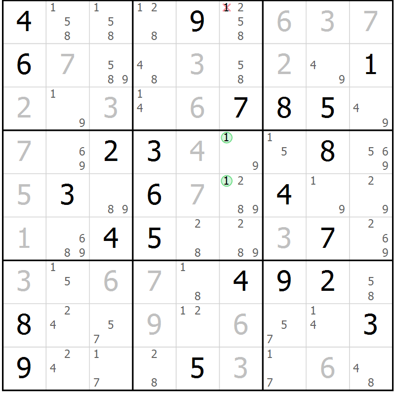 Position des candidats pour la solution de la Gr 75 page 78 du magazine de sudoku Virtuose n° 106