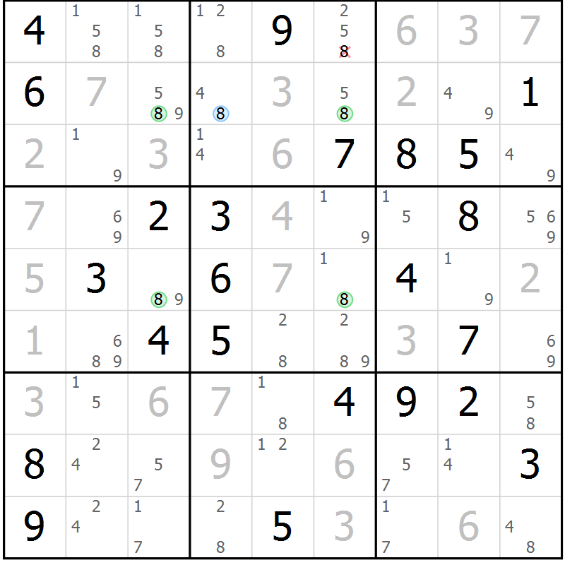 Position des candidats pour la solution de la Gr 75 page 78 du magazine de sudoku Virtuose n° 106