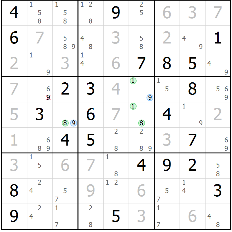 Position des candidats pour la solution de la Gr 75 page 78 du magazine de sudoku Virtuose n° 106