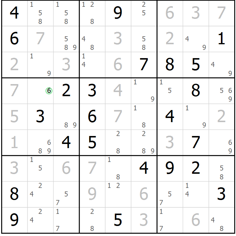 Position des candidats pour la solution de la Gr 75 page 78 du magazine de sudoku Virtuose n° 106