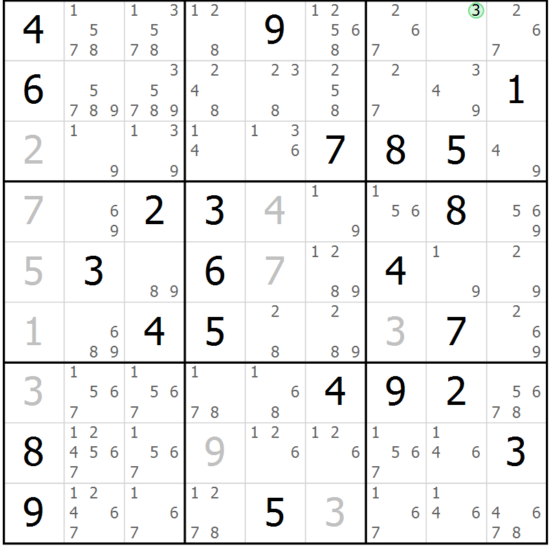 Position des candidats pour la solution de la Gr 75 page 78 du magazine de sudoku Virtuose n° 106