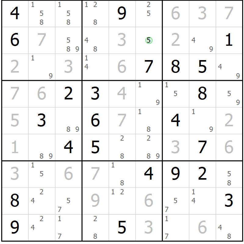 Position des candidats pour la solution de la Gr 75 page 78 du magazine de sudoku Virtuose n° 106