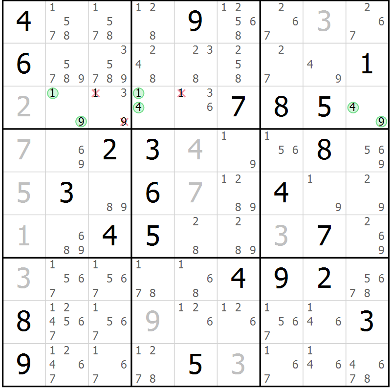 Position des candidats pour la solution de la Gr 75 page 78 du magazine de sudoku Virtuose n° 106