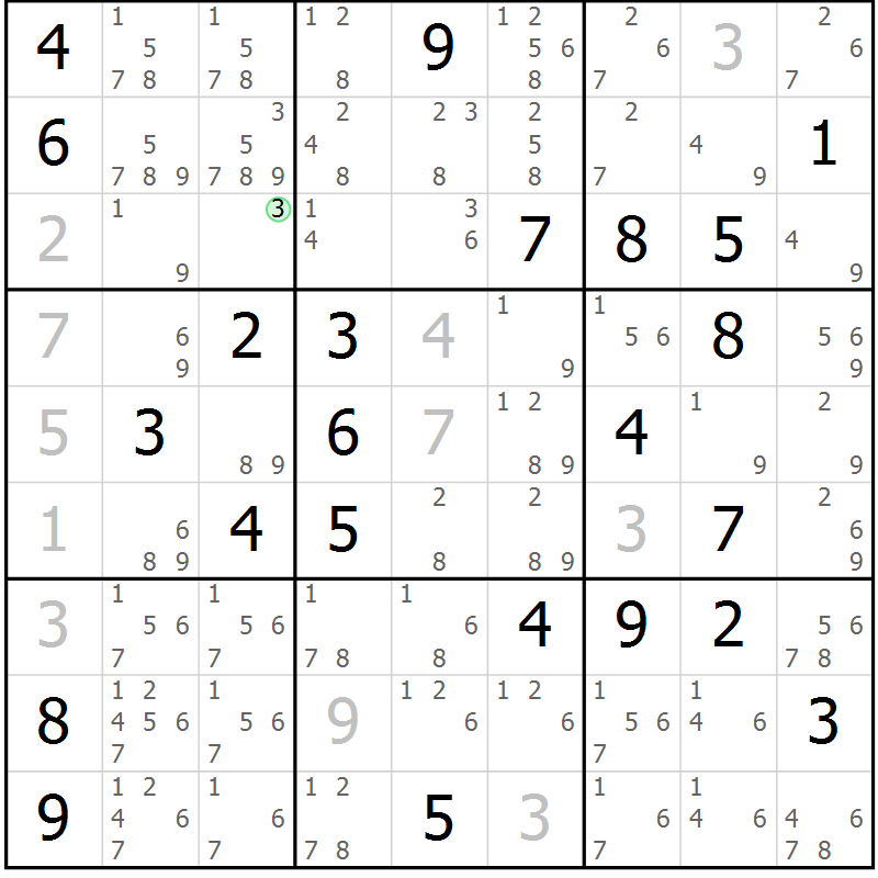 Position des candidats pour la solution de la Gr 75 page 78 du magazine de sudoku Virtuose n° 106