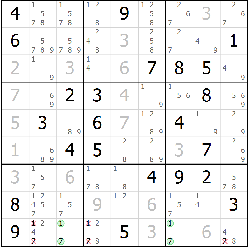 Position des candidats pour la solution de la Gr 75 page 78 du magazine de sudoku Virtuose n° 106