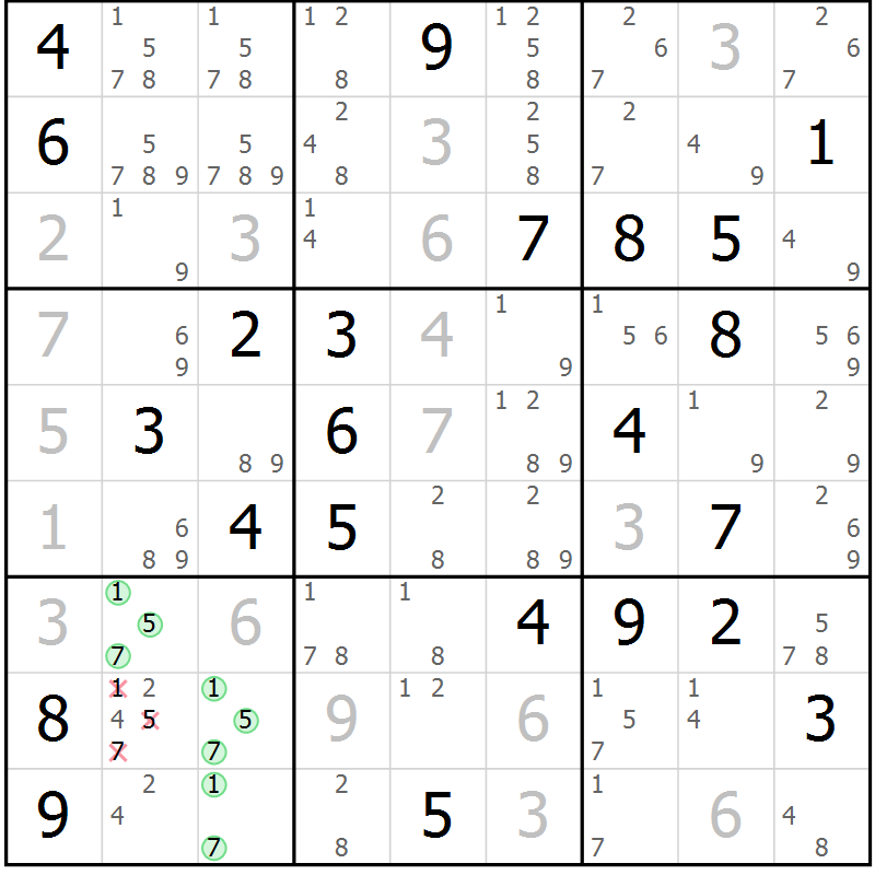 Position des candidats pour la solution de la Gr 75 page 78 du magazine de sudoku Virtuose n° 106