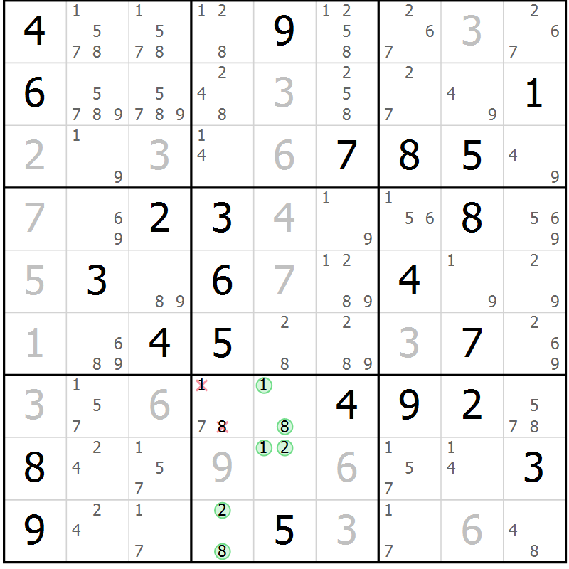 Position des candidats pour la solution de la Gr 75 page 78 du magazine de sudoku Virtuose n° 106