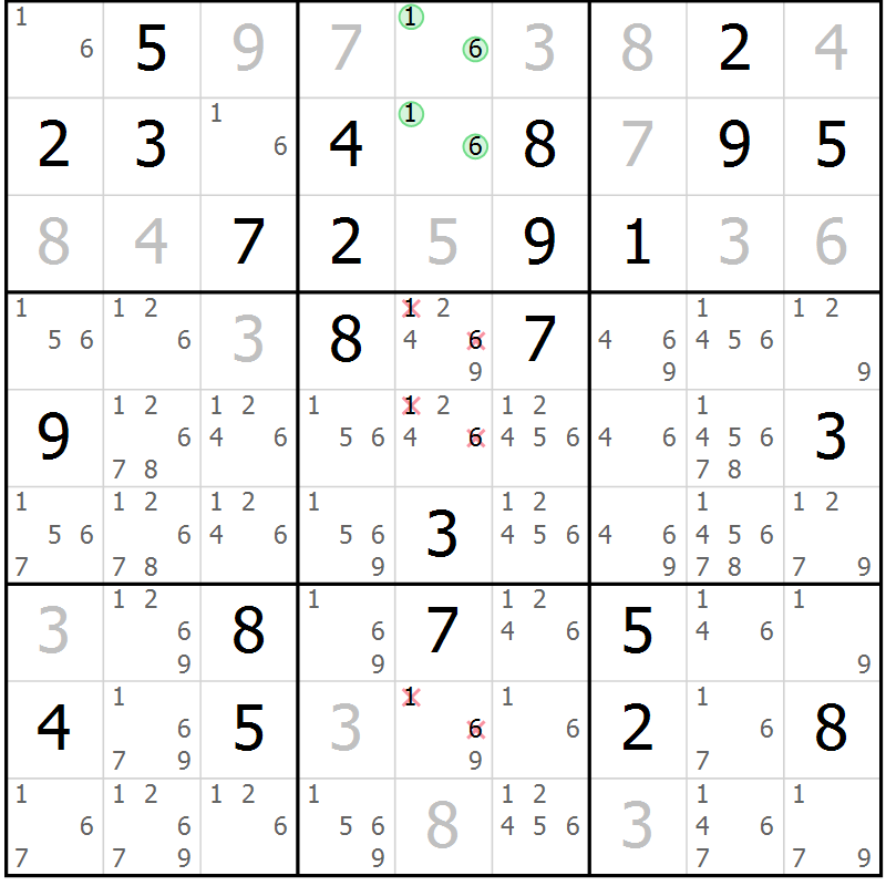 Position des candidats pour la solution de la Gr 76 page 79 du magazine de sudoku Virtuose n° 106