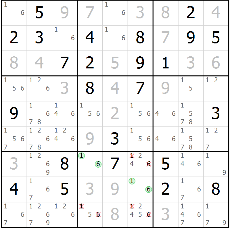 Position des candidats pour la solution de la Gr 76 page 79 du magazine de sudoku Virtuose n° 106