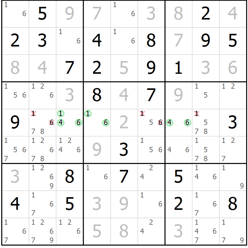Position des candidats pour la solution de la Gr 76 page 79 du magazine de sudoku Virtuose n° 106
