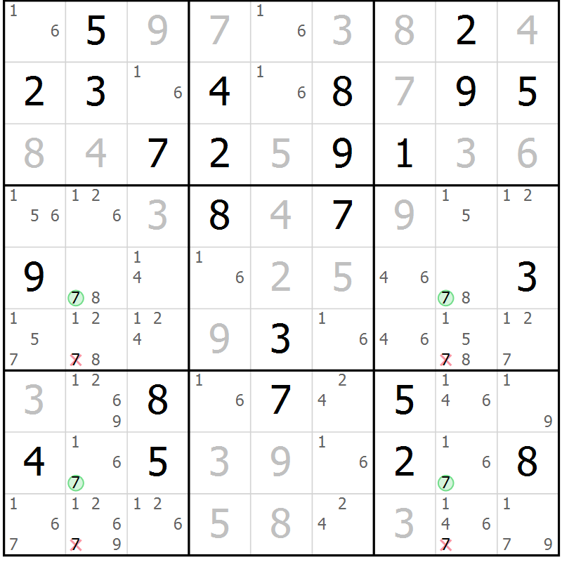 Position des candidats pour la solution de la Gr 76 page 79 du magazine de sudoku Virtuose n° 106