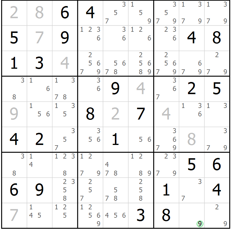 Position des candidats pour la solution de la Gr 77 page 80 du magazine de sudoku Virtuose n° 106