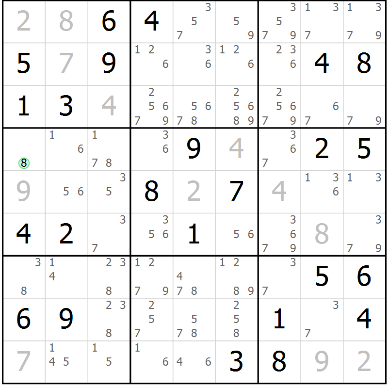 Position des candidats pour la solution de la Gr 77 page 80 du magazine de sudoku Virtuose n° 106