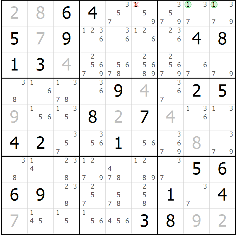 Position des candidats pour la solution de la Gr 77 page 80 du magazine de sudoku Virtuose n° 106