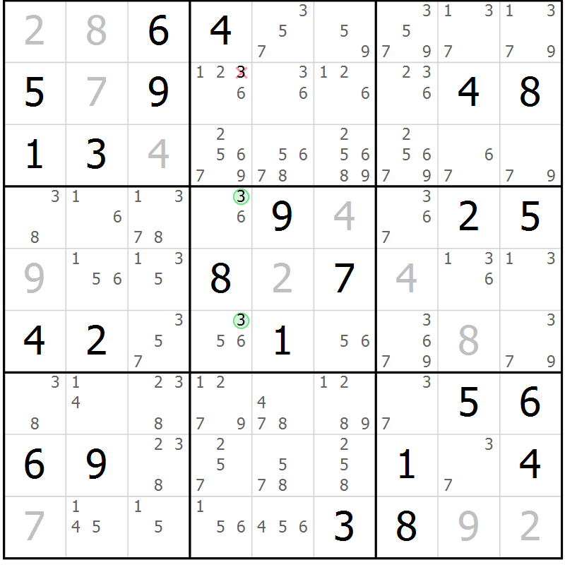 Position des candidats pour la solution de la Gr 77 page 80 du magazine de sudoku Virtuose n° 106
