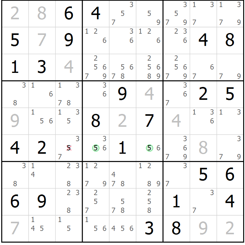 Position des candidats pour la solution de la Gr 77 page 80 du magazine de sudoku Virtuose n° 106