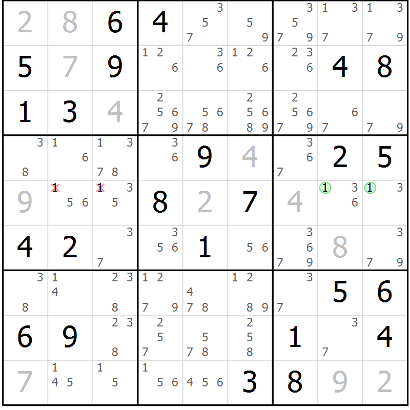 Position des candidats pour la solution de la Gr 77 page 80 du magazine de sudoku Virtuose n° 106