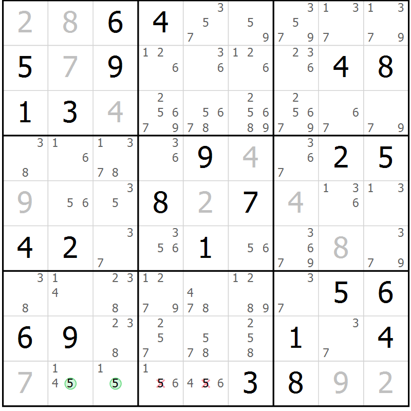 Position des candidats pour la solution de la Gr 77 page 80 du magazine de sudoku Virtuose n° 106