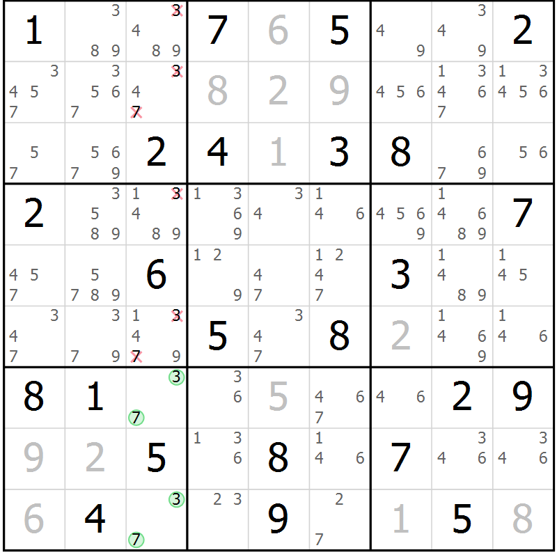 Position des candidats pour la solution de la Gr 79 page 82 du magazine de sudoku Virtuose n° 106