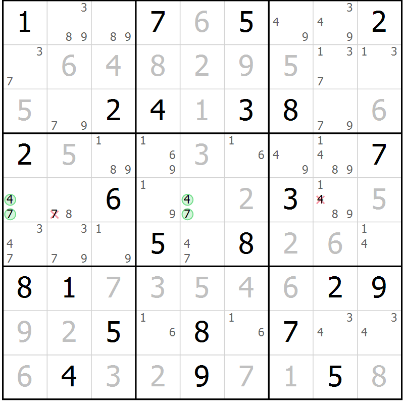 Position des candidats pour la solution de la Gr 79 page 82 du magazine de sudoku Virtuose n° 106