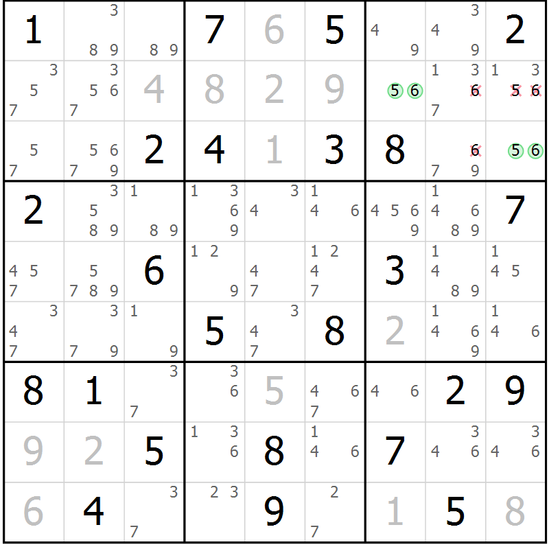 Position des candidats pour la solution de la Gr 79 page 82 du magazine de sudoku Virtuose n° 106