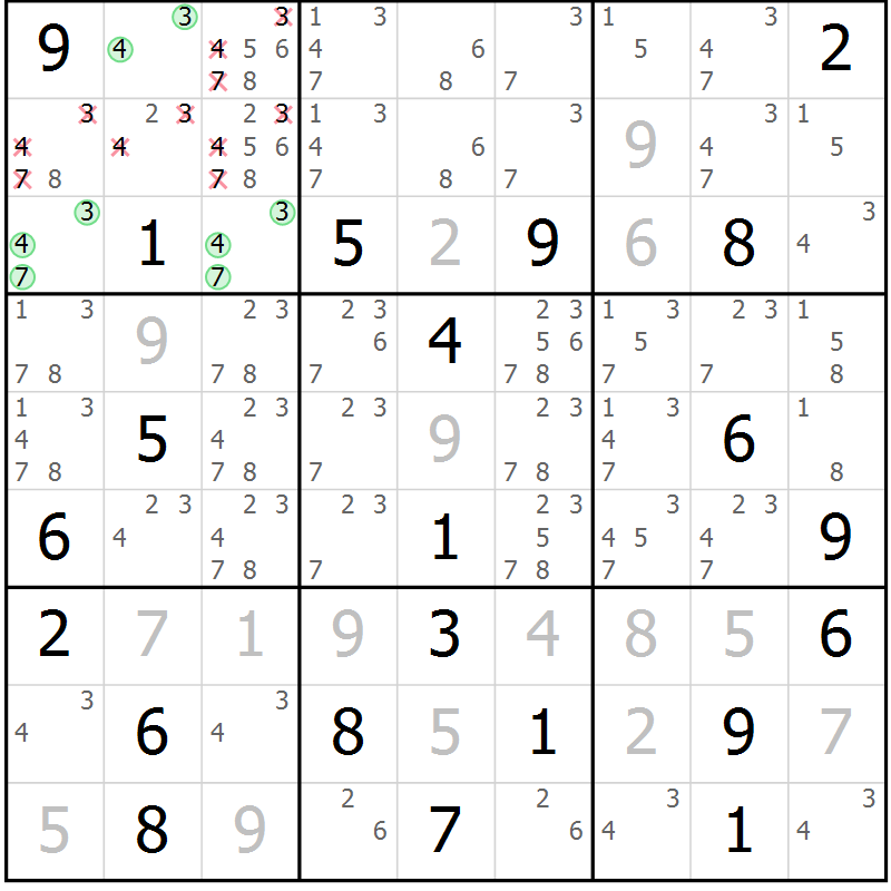 Position des candidats pour la solution de la Gr 8 page 11 du magazine de sudoku Virtuose n° 106