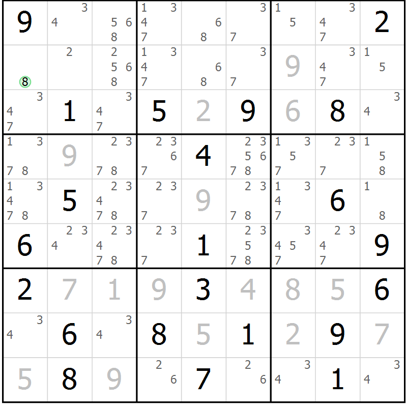 Position des candidats pour la solution de la Gr 8 page 11 du magazine de sudoku Virtuose n° 106