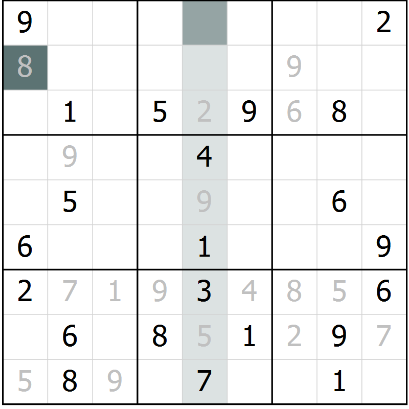 Position des candidats pour la solution de la Gr 8 page 11 du magazine de sudoku Virtuose n° 106