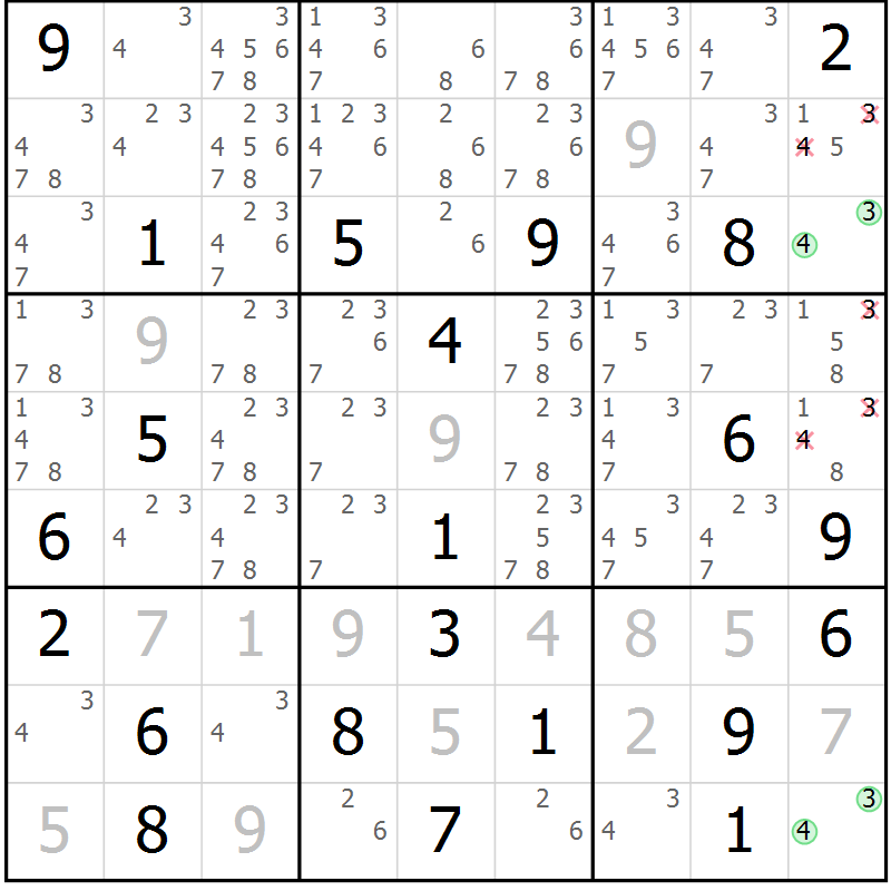 Position des candidats pour la solution de la Gr 8 page 11 du magazine de sudoku Virtuose n° 106