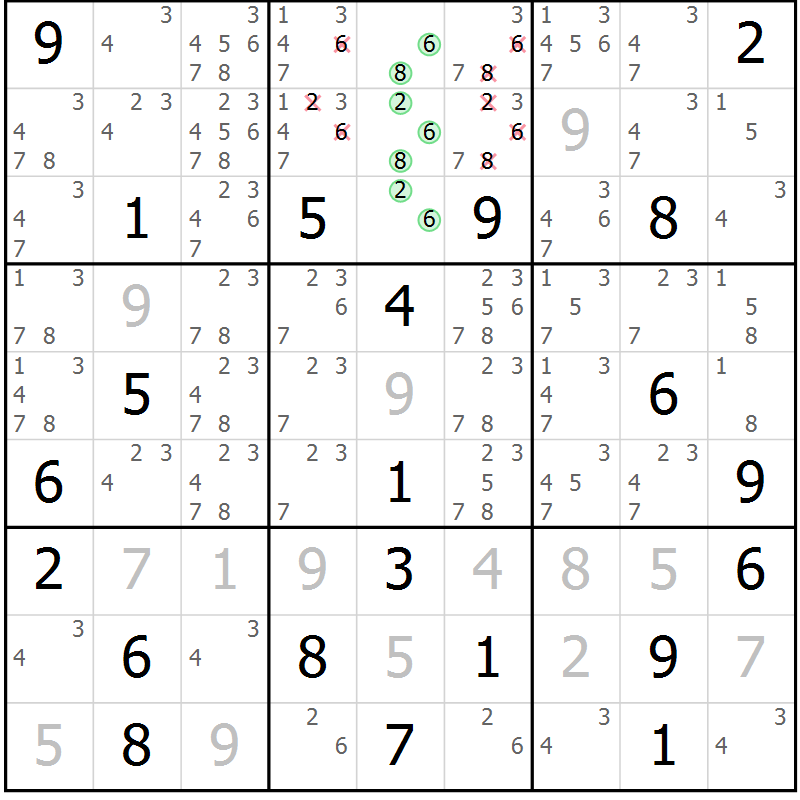 Position des candidats pour la solution de la Gr 8 page 11 du magazine de sudoku Virtuose n° 106
