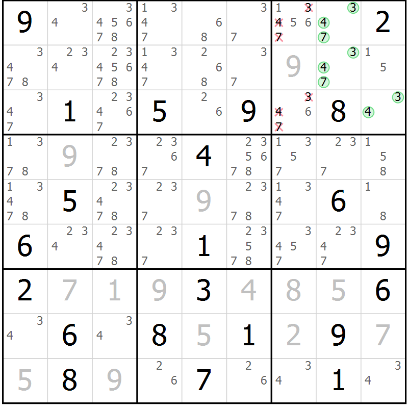 Position des candidats pour la solution de la Gr 8 page 11 du magazine de sudoku Virtuose n° 106