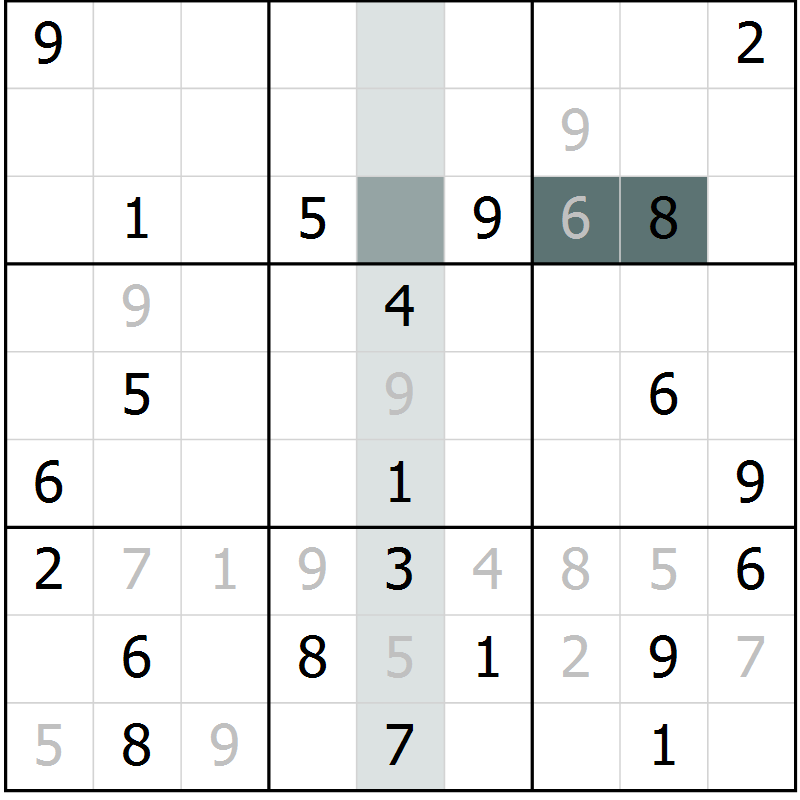 Position des candidats pour la solution de la Gr 8 page 11 du magazine de sudoku Virtuose n° 106
