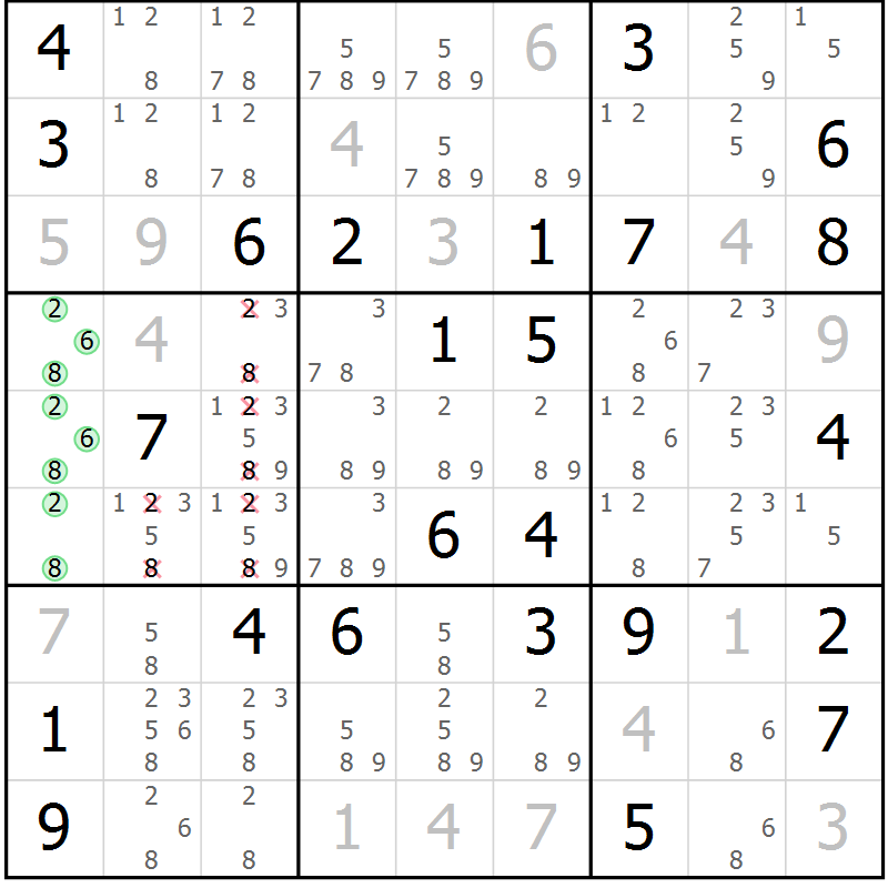 Position des candidats pour la solution de la Gr 80 page 83 du magazine de sudoku Virtuose n° 106