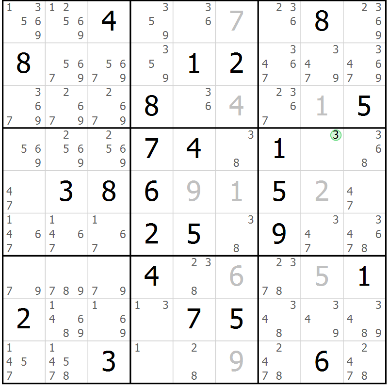 Position des candidats pour la solution de la Gr 81 page 84 du magazine de sudoku Virtuose n° 106