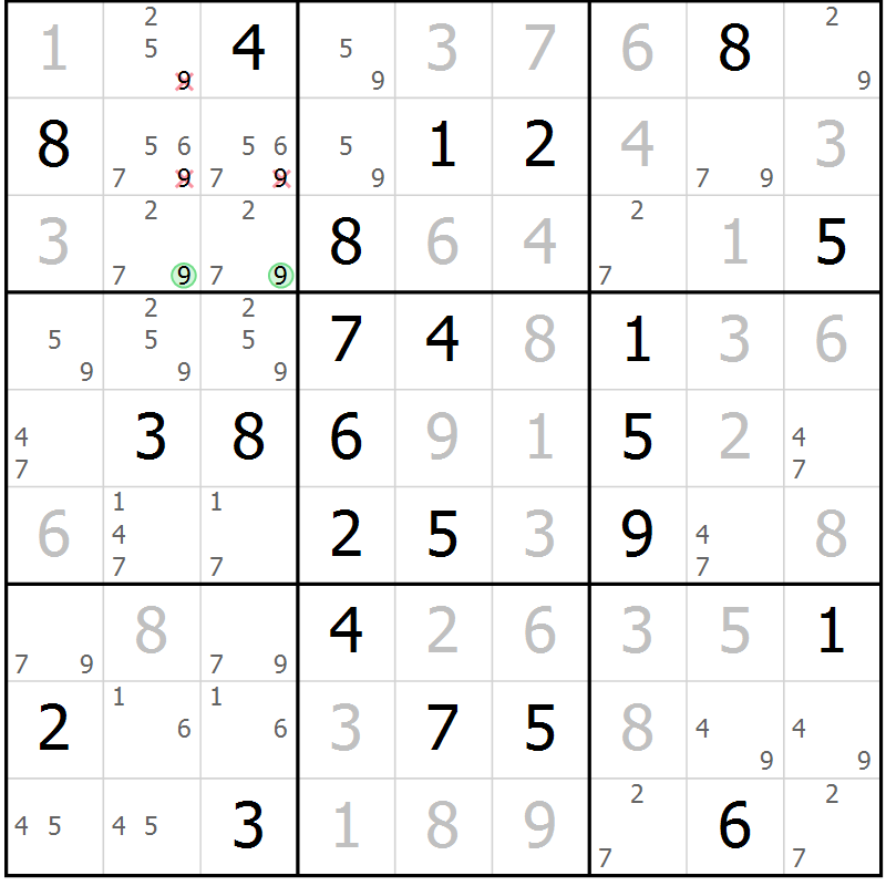 Position des candidats pour la solution de la Gr 81 page 84 du magazine de sudoku Virtuose n° 106