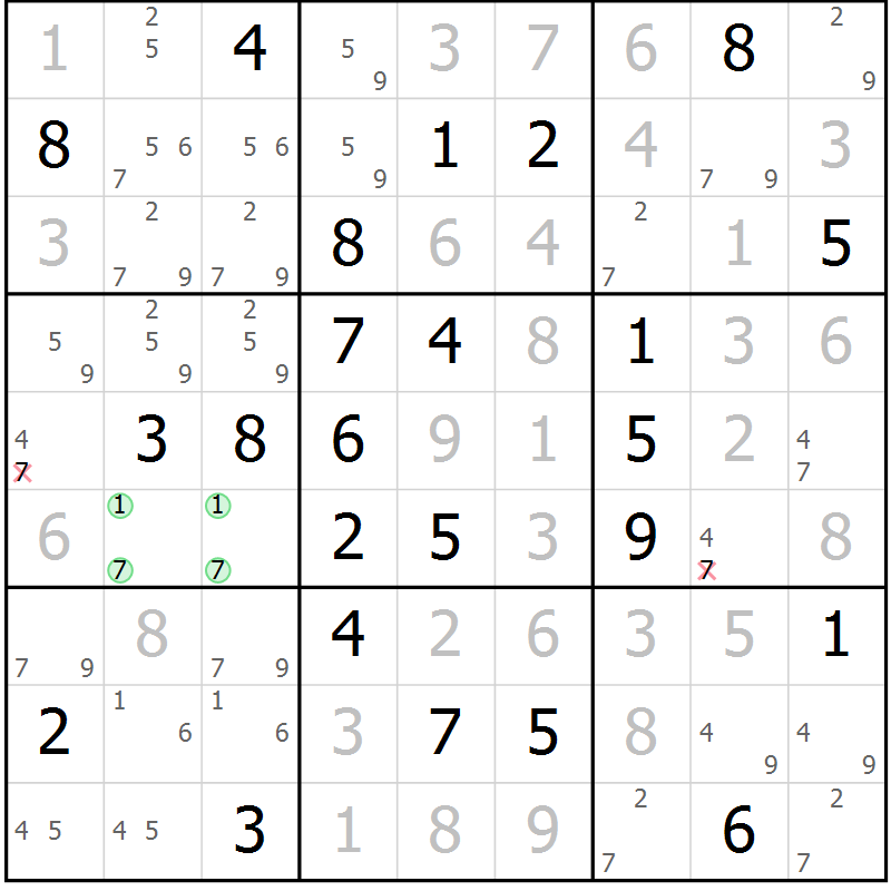 Position des candidats pour la solution de la Gr 81 page 84 du magazine de sudoku Virtuose n° 106