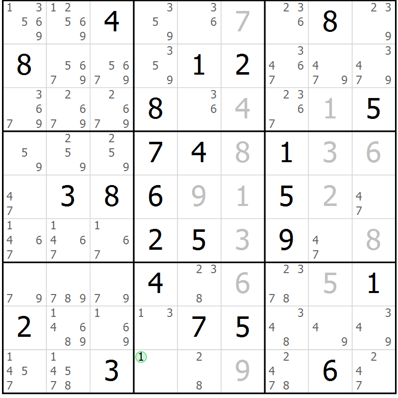 Position des candidats pour la solution de la Gr 81 page 84 du magazine de sudoku Virtuose n° 106