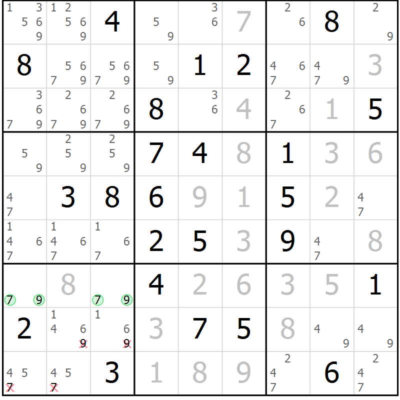 Position des candidats pour la solution de la Gr 81 page 84 du magazine de sudoku Virtuose n° 106