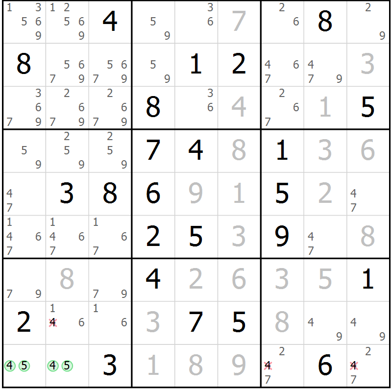 Position des candidats pour la solution de la Gr 81 page 84 du magazine de sudoku Virtuose n° 106