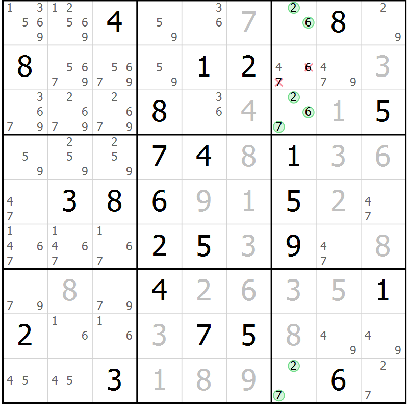 Position des candidats pour la solution de la Gr 81 page 84 du magazine de sudoku Virtuose n° 106