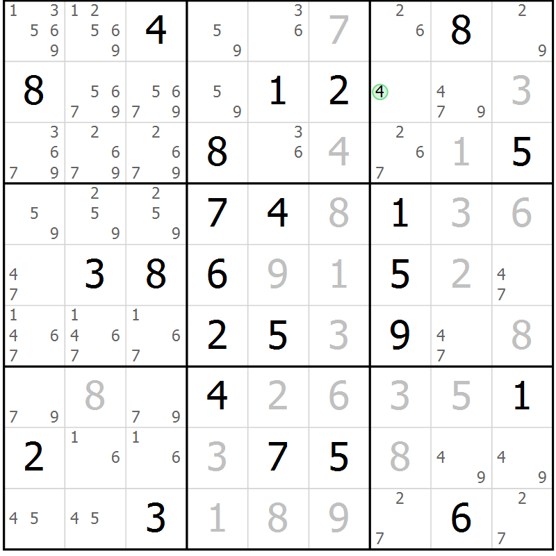 Position des candidats pour la solution de la Gr 81 page 84 du magazine de sudoku Virtuose n° 106