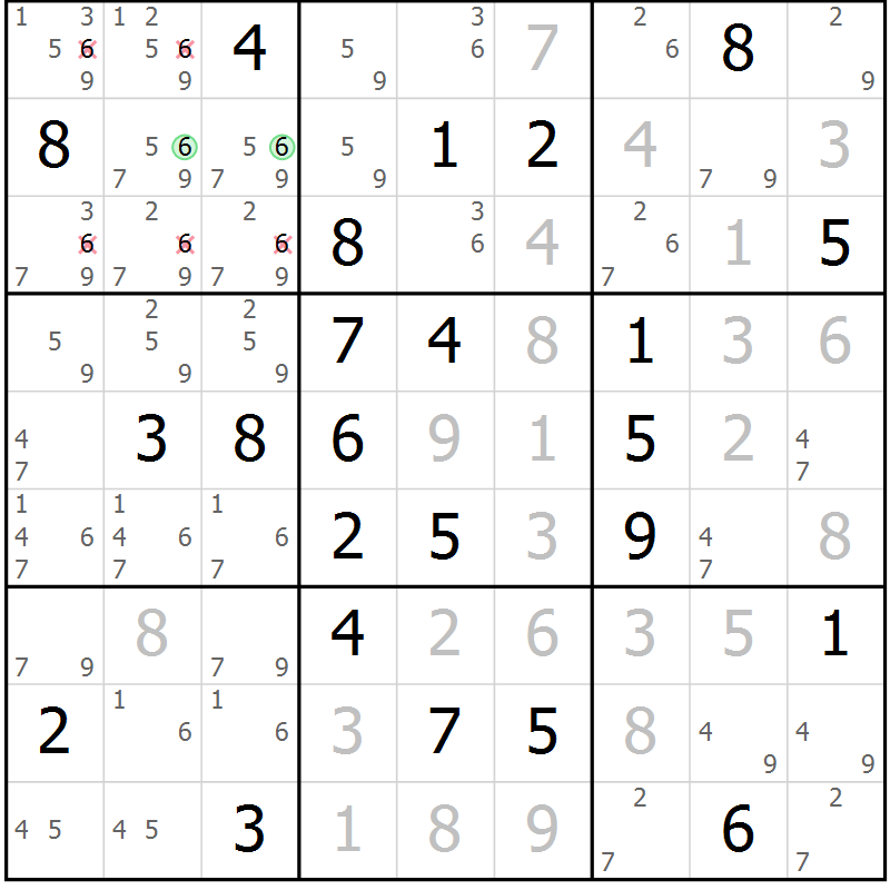 Position des candidats pour la solution de la Gr 81 page 84 du magazine de sudoku Virtuose n° 106