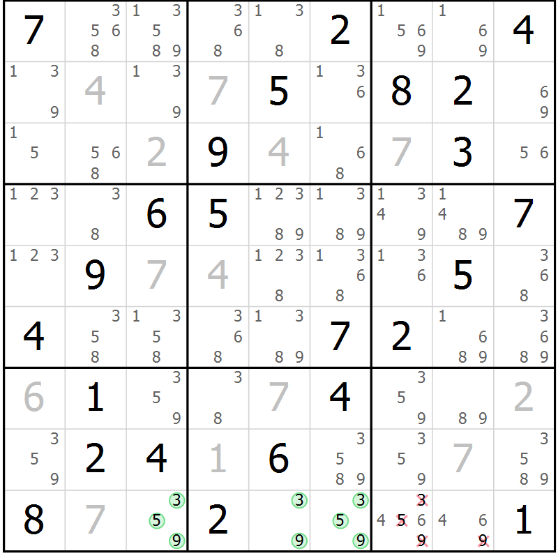 Position des candidats pour la solution de la Gr 82 page 85 du magazine de sudoku Virtuose n° 106