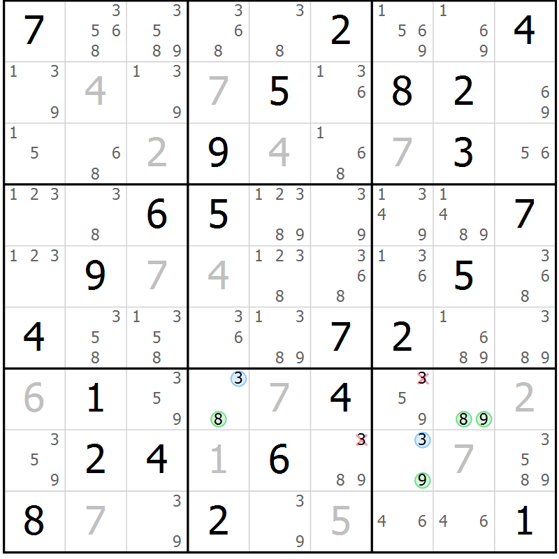 Position des candidats pour la solution de la Gr 82 page 85 du magazine de sudoku Virtuose n° 106