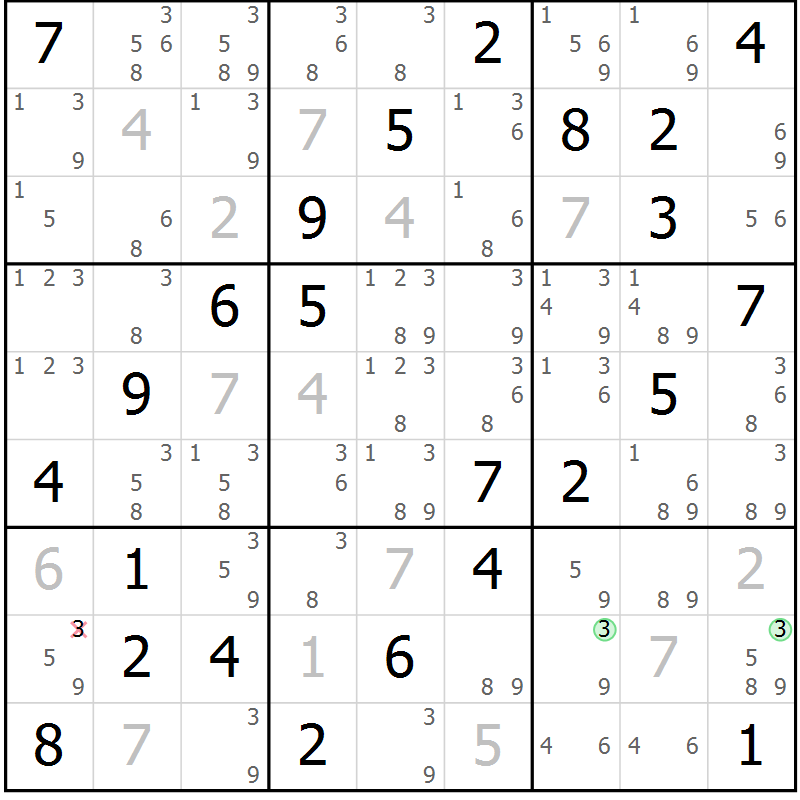 Position des candidats pour la solution de la Gr 82 page 85 du magazine de sudoku Virtuose n° 106