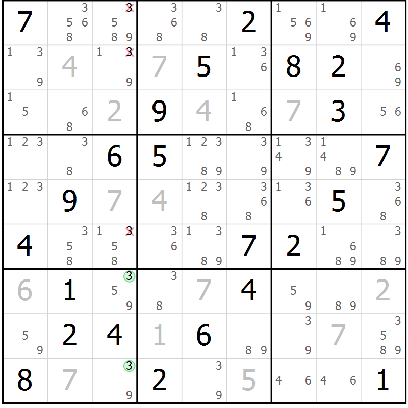 Position des candidats pour la solution de la Gr 82 page 85 du magazine de sudoku Virtuose n° 106